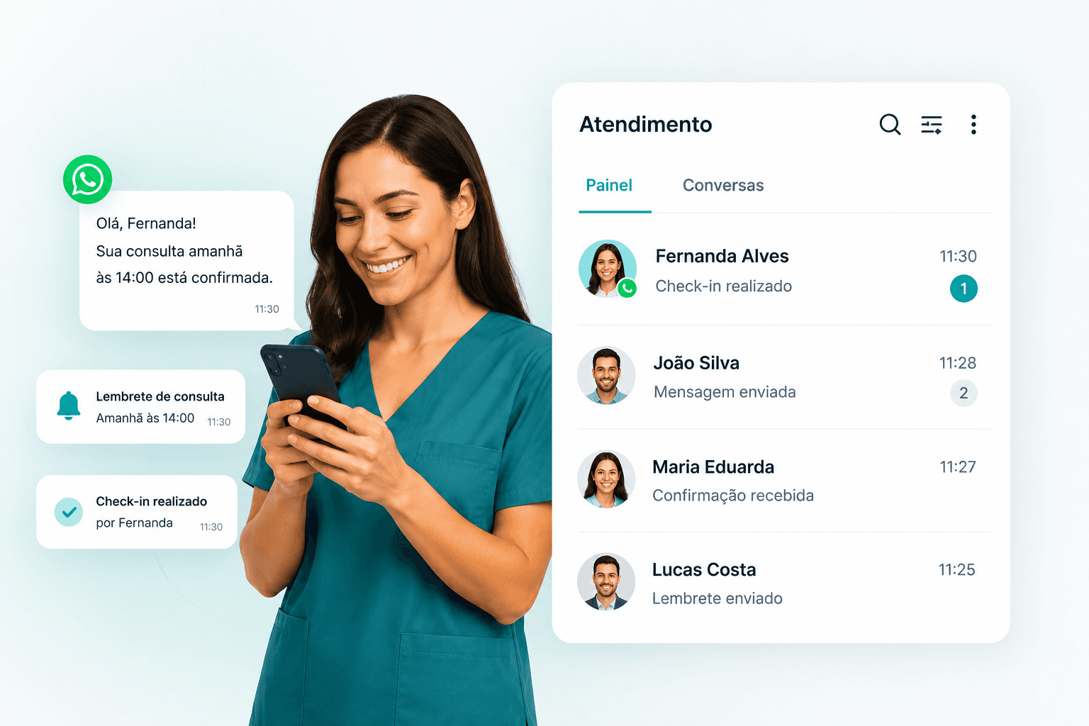Profissional consultando comunicações da clínica pelo celular